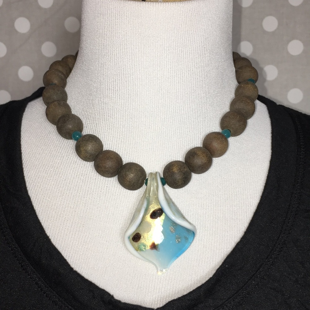 Unique glass and wooden beaded statement necklace